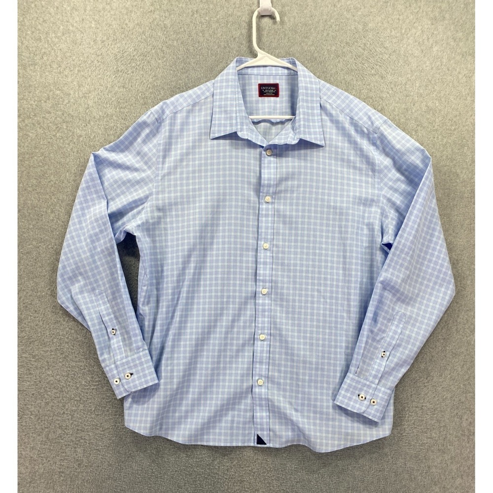 UNTUCKit Shirt Mens 2XL Blue White Pink Check Slim Fit Wrinkle Free‎ Collalto WF